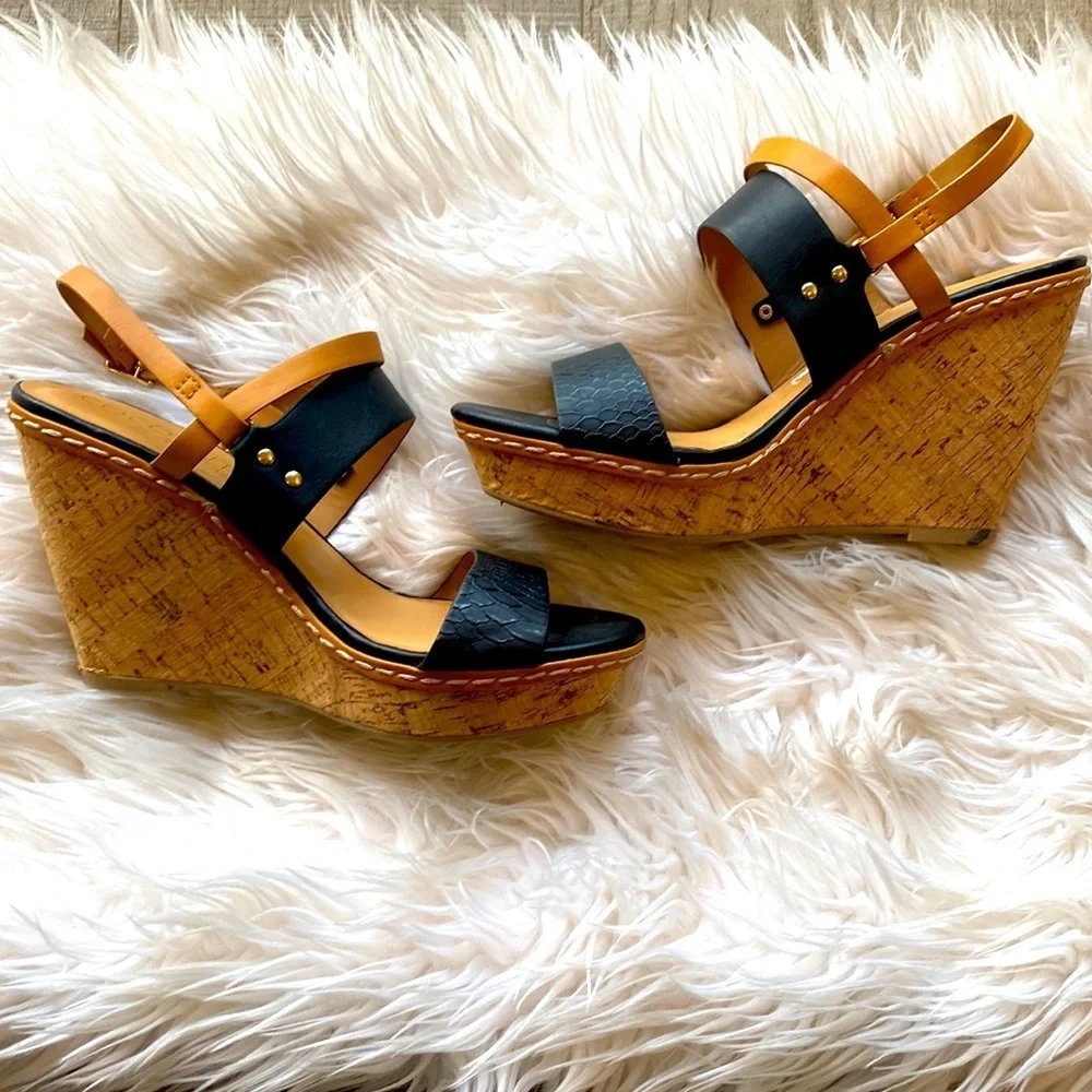 Coconuts by Matisse Black Cork Wedge Platform Sandals Size 10